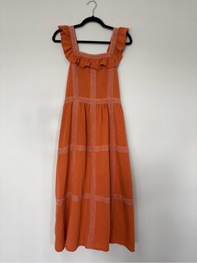 Orange Boho Ruffle Lace Trim Tea Length Spring/Summer Dress Square Neckline